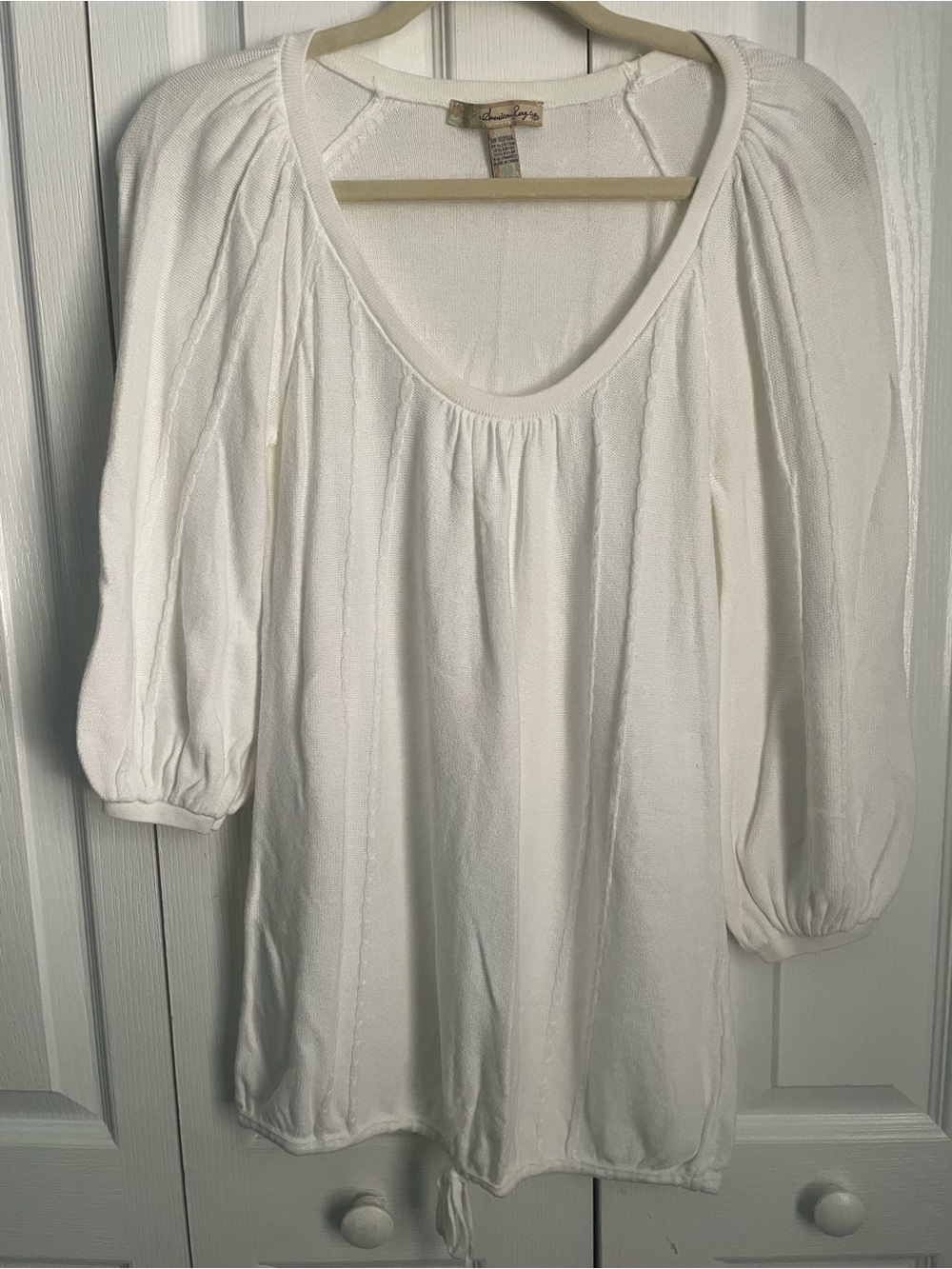 American Rag White Peasant Tunic with 3/4 Slight Puff Sleeves, Small